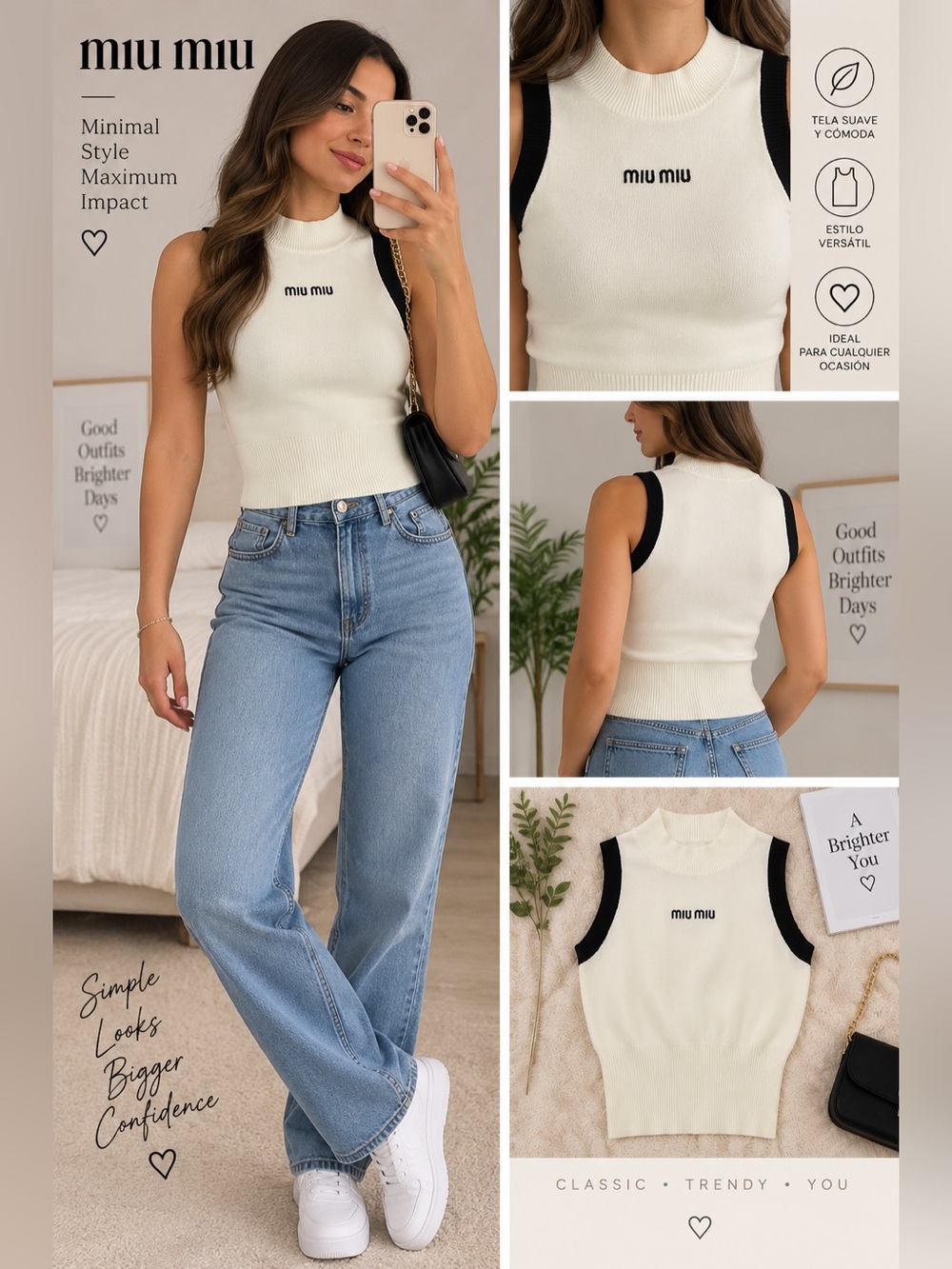 Miu Miu Cream Ribbed Tank with Black Arm Trim